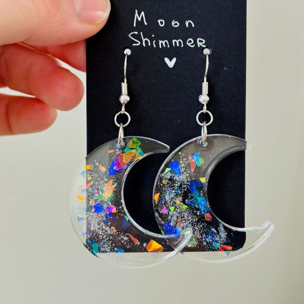 Rainbow Crescent Moon Earrings, Clear Resin Celestial Dangles with Glitter